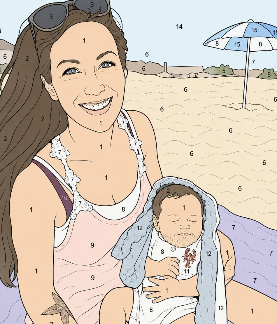 The custom paint-by-number family portrait the chalk piece was traced from