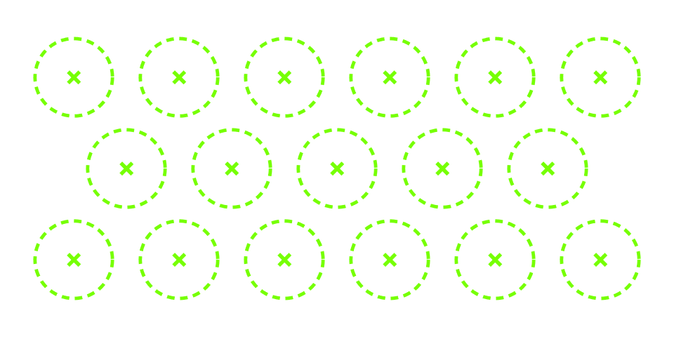 The Spacing tool's generated layout: dashed circles with center X marks in a triangular pattern for an 8 by 4 foot bed
